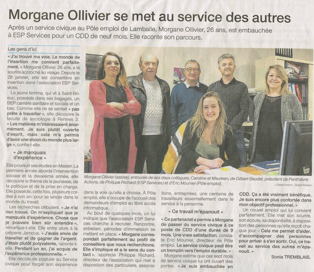 Morgane rejoint l'équipe de l'Association Intermédiaire ESP Services à Lamballe.